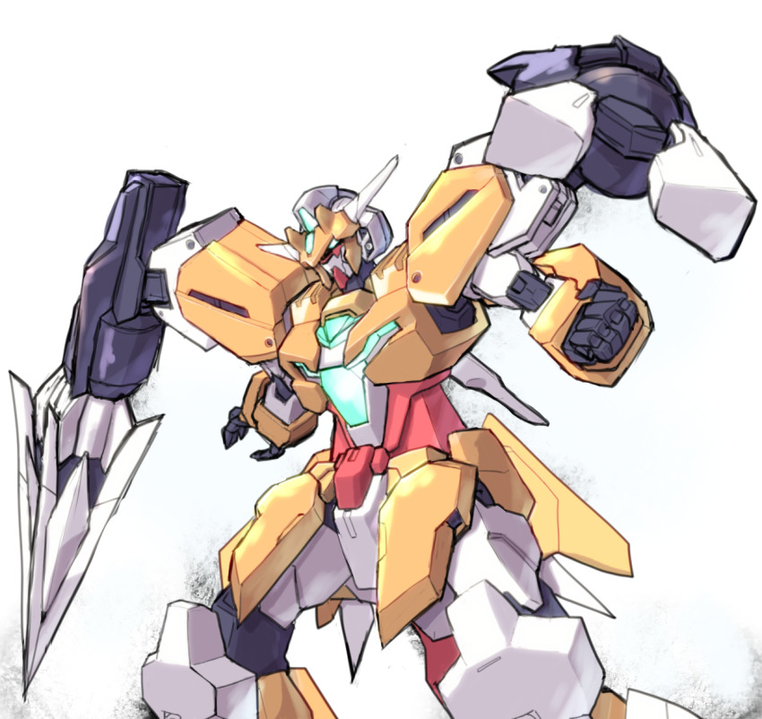 aqua_eyes, clenched_hand, drill, gundam, gundam_build_divers, gundam_build_divers_re:rise, horns, looking_down, mecha, no_humans, open_hand, robot, saturnix_gundam, solo, v-fin, wie2234