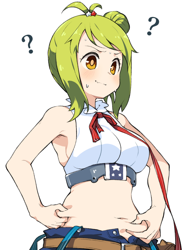 1girl, ?, alternate_breast_size, antenna_hair, azur_lane, bare_arms, bare_shoulders, breasts, closed_mouth, crop_top, green_hair, hair_bun, hair_ornament, medium_breasts, navel, no_bra, omaha_(azur_lane), open_fly, orange_eyes, pinching_own_belly, red_ribbon, ribbon, shirt, short_hair, side_bun, sideboob, simple_background, single_side_bun, sleeveless, sleeveless_shirt, solo, star_(symbol), star_hair_ornament, striped_ribbon, suspenders_hanging, sweat, white_background, white_shirt, youhei_64d