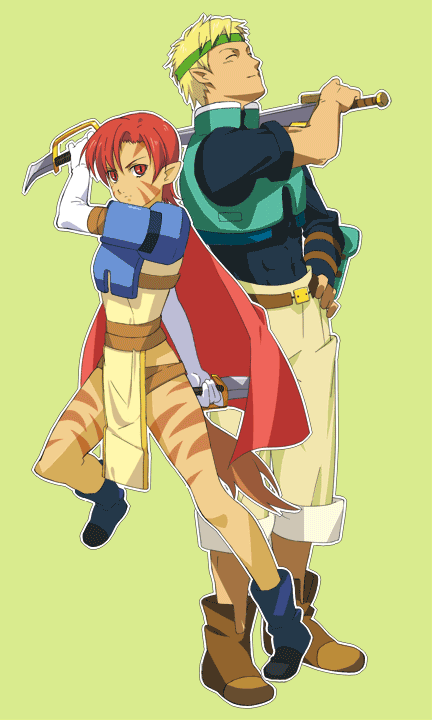 1boy, 1girl, black_footwear, blonde_hair, brown_footwear, cape, covered_navel, dagger