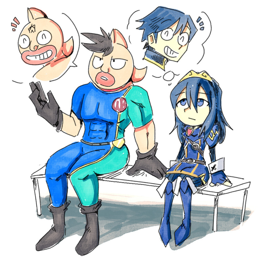 1boy, 1girl, arms_at_sides, black_cape, black_gloves, blue_footwear, blue_hair, boots, brown_footwear, brown_hair, cape, chrom_(fire_emblem), commission, crossover, fingerless_gloves, fire_emblem, fire_emblem_awakening, gloves, kinniku_mantarou, kinnikuman, kinnikuman_(character), kinnikuman_nisei, long_hair, long_sleeves, lucina_(fire_emblem), mask, nintendo, on_bench, portrait, setz, sitting, size_difference, speech_bubble, talking, thigh_boots, thighhighs, thought_bubble, tiara, trait_connection, turtleneck, white_wrist_cuffs, wrestling, wrestling_outfit, wrist_cuffs