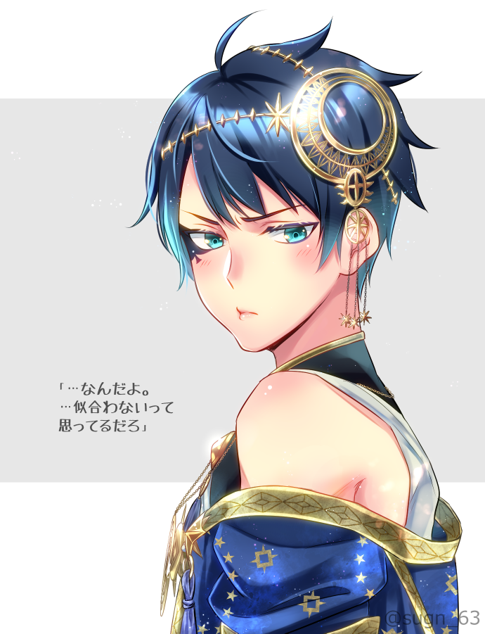 1boy, artist_name, blue_eyes, blue_hair, blush, deuce_spade, deuce_spade_(starsending_robes), facial_mark, from_side, frown, hair_between_eyes, hair_ornament, jewelry, looking_at_viewer, male_focus, off_shoulder, pout, short_hair, sogen_ichi_wa, solo, twisted_wonderland, white_background
