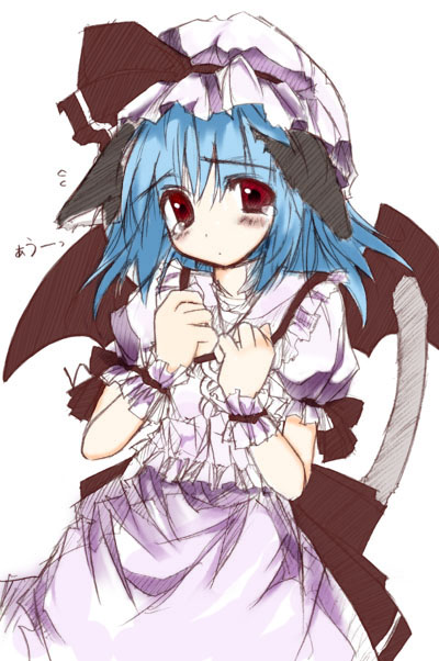 1girl, animal_ears, bat_wings, blue_hair, blush, cat_ears, cat_girl, colorized