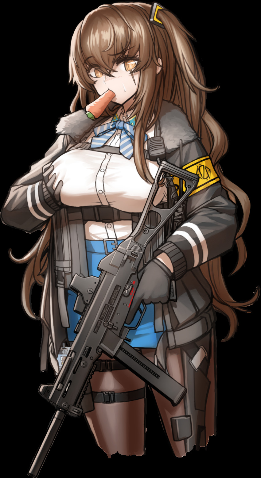 1girl, alternate_breast_size, alternate_costume, blush, breasts, brown_hair, carrot, cheogtanbyeong