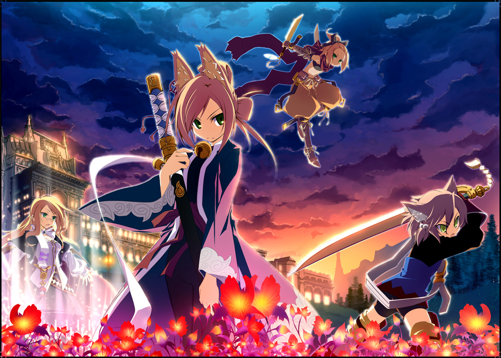 4girls, 7th_dragon, 7th_dragon_(series), animal_ears, bad_id, bad_pixiv_id, bell, blonde_hair, cape, cat_ears, fighter_(7th_dragon), floro_(7th_dragon), flower, forehead, fox_ears, glasses, green_eyes, harukara_(7th_dragon), hatch_(7th_dragon), high_ponytail, mage_(7th_dragon), matsuyama_nozomu, multiple_girls, namuna_(7th_dragon), ponytail, purple_hair, rogue_(7th_dragon), samurai_(7th_dragon), sword, vanessa_(7th_dragon), weapon