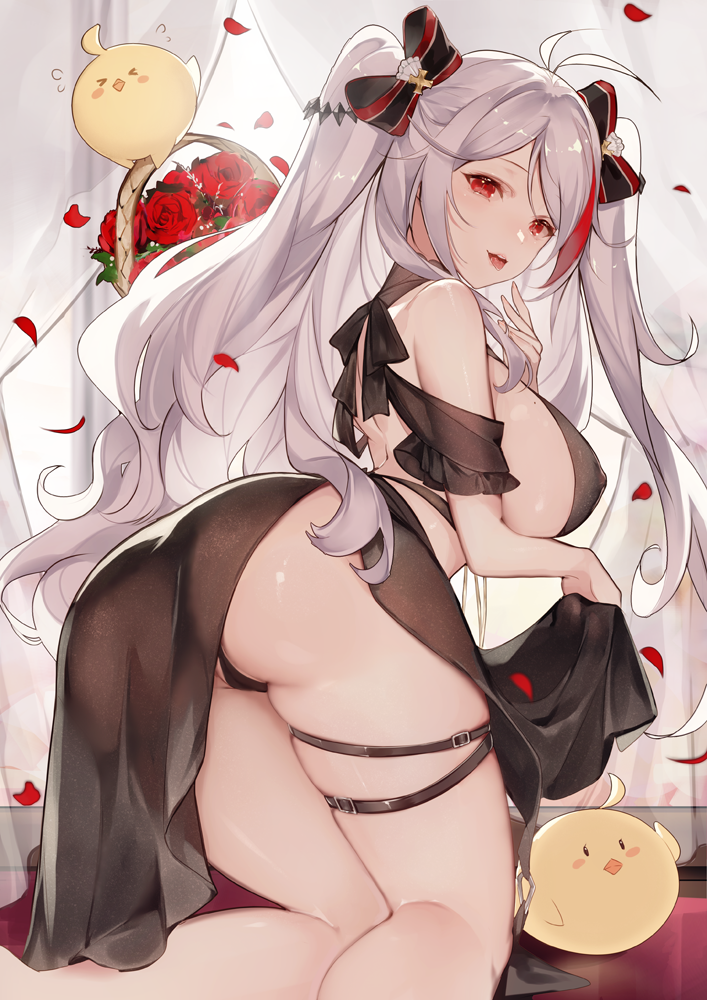 1girl, alternate_costume, antenna_hair, ass, azur_lane, bare_shoulders, black_dress, black_panties