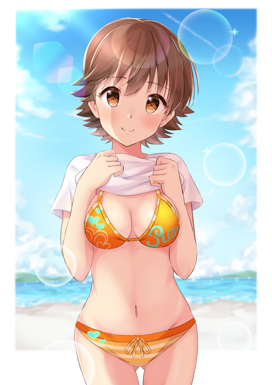 1girl, beach, bikini, blue_sky, blurry, breasts, brown_eyes, brown_hair, cleavage, clothes_lift, cloud, commentary_request, cowboy_shot, day, depth_of_field, highres, honda_mio, idolmaster, idolmaster_cinderella_girls, lens_flare, looking_at_viewer, medium_breasts, navel, ocean, orange_bikini, outdoors, shirt, shirt_lift, short_hair, sky, solo, standing, swimsuit, tktk135, water, white_shirt