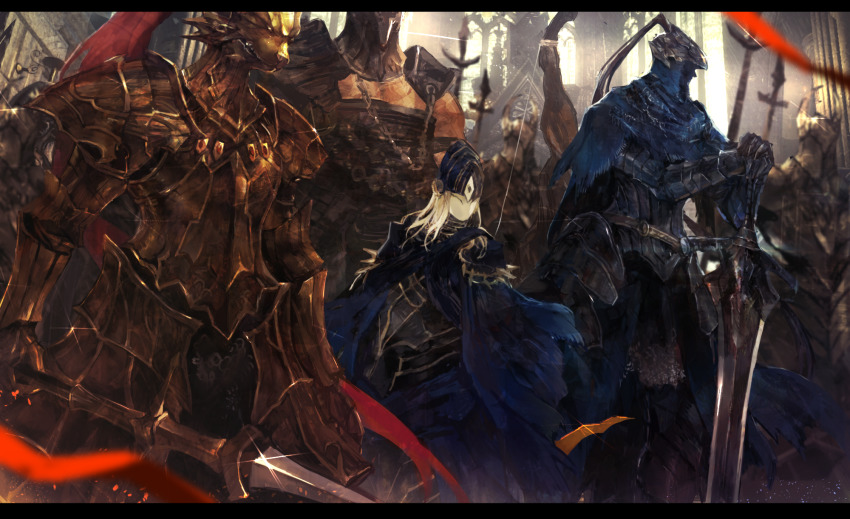 1girl, 2others, 3boys, armor, armored_dress, arms_at_sides, artorias_the_abysswalker, bad_id