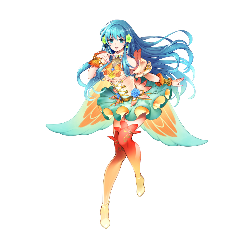 1girl, absurdres, aqua_hair, artist_request, bare_shoulders, blue_eyes, boots, bracelet