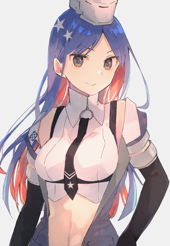 1girl, 8ne_(nitika127), black_necktie, blue_hair, breasts, closed_mouth, grey_background, grey_eyes