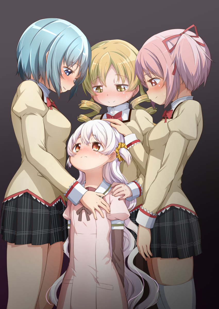 4girls, abutomato, age_difference, black_skirt, blonde_hair, blue_eyes, blue_hair, blush, brown_eyes, child, drill_hair, eye_contact, headpat, high_collar, highres, kaname_madoka, long_sleeves, looking_at_another, looking_down, mahou_shoujo_madoka_magica, mahou_shoujo_madoka_magica:_hangyaku_no_monogatari, miki_sayaka, mitakihara_school_uniform, momoe_nagisa, multiple_girls, onee-loli, pantyhose, pink_eyes, pink_hair, pink_shirt, puffy_long_sleeves, puffy_sleeves, school_uniform, shirt, skirt, smile, standing, sweat, thighhighs, tomoe_mami, twin_drills, twintails, wavy_hair, white_hair, white_legwear, yellow_eyes, you_gonna_get_raped, yuri