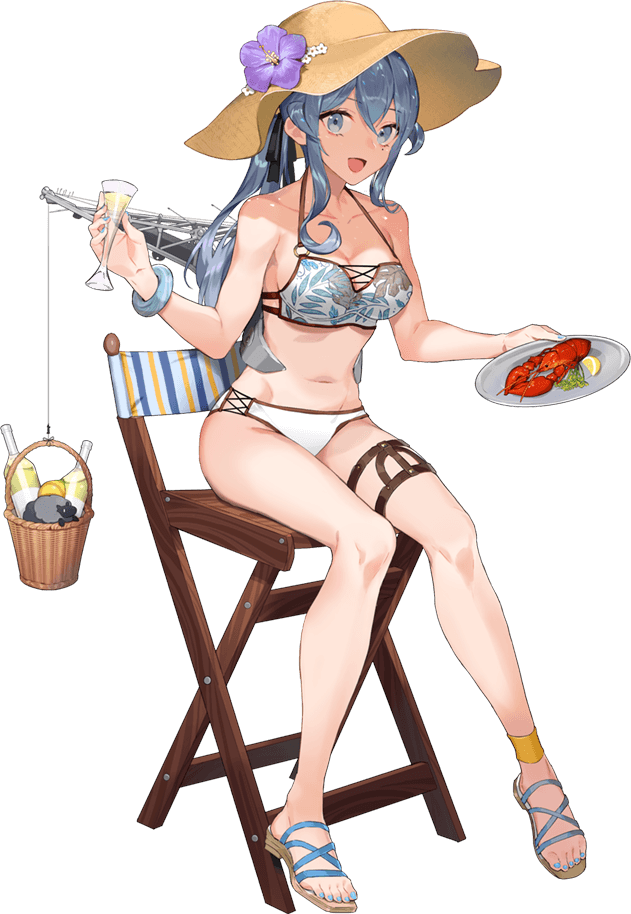 1girl, bikini, blush, food, fruit, full_body, gotland_(kancolle), gotland_andra_(2020_swimsuit)_(kancolle)