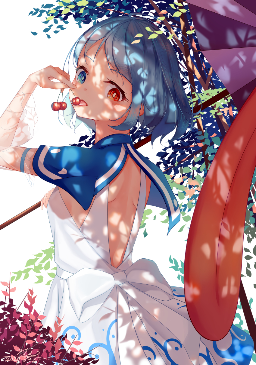 absurdres, alternate_costume, backless_dress, backless_outfit, blue_eyes, blue_hair, cherry, commentary