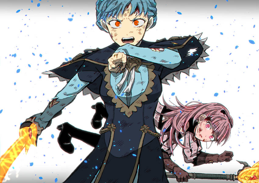 2girls, axe, blood, blue_hair, blutgang_(fire_emblem), blutgang_(weapon), brown_eyes, dress, earrings, fire_emblem, fire_emblem:_three_houses, freikugal_(weapon), freikugel_(fire_emblem), gloves, heroes_relic_(fire_emblem), high_heels, highres, hilda_valentine_goneril, hilda_valentine_goneril_(timeskip), holding, holding_axe, holding_sword, holding_weapon, injury, jewelry, kusodekablack, long_hair, long_sleeves, marianne_von_edmund, marianne_von_edmund_(timeskip), multiple_girls, nintendo, open_mouth, pink_eyes, pink_hair, ponytail, sword, torn_clothes, weapon