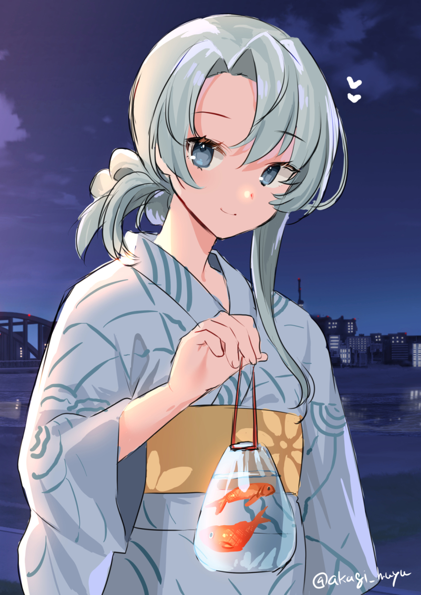 1girl, akagi_kurage, asymmetrical_hair, bag, cowboy_shot, fish, flipped_hair, goldfish