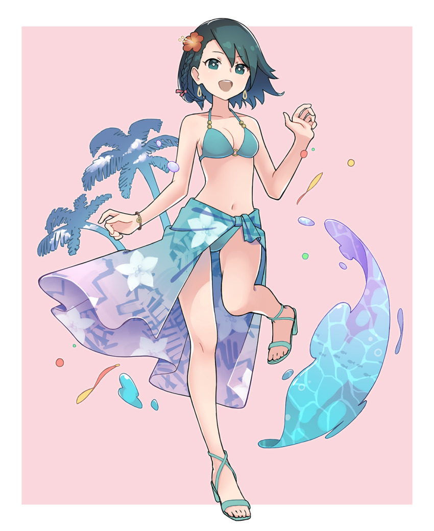 1girl, :d, bare_shoulders, bikini, blue_hair, breasts, cleavage, dark_blue_hair, earrings, feet, halterneck, high_heel_sandals, high_heels, highres, jewelry, looking_at_viewer, medium_breasts, open_mouth, original, otomica, palm_tree, sandals, sarong, short_hair, simple_background, smile, solo, string_bikini, swimsuit, toes, tree
