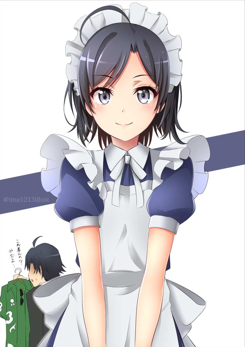 1boy, 1girl, absurdres, ahoge, alternate_costume, apron, bad_id, bad_pixiv_id