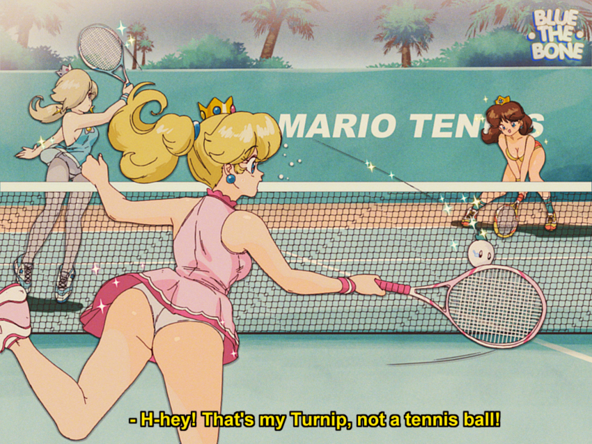3girls, ass, blonde_hair, blue_eyes, bluethebone, breasts, brown_hair, cleavage, crown, english_text, hair_over_one_eye, leaning_forward, legs, mario_(series), mario_tennis, mario_tennis_aces, mini_crown, multiple_girls, nintendo, open_mouth, palm_tree, panties, pantyhose, playing_sports, ponytail, princess_daisy, princess_daisy_(sports_shorts), princess_peach, princess_peach_(sports_dress), racket, retro_artstyle, rosalina, rosalina_(sports), shoes, sneakers, sportswear, subtitled, super_mario_bros._1, super_mario_galaxy, super_mario_land, tank_top, tennis, tennis_court, tennis_daisy, tennis_peach, tennis_racket, tennis_uniform, tomboy, tree, turnip, underwear, upskirt, white_panties, wind, wind_lift