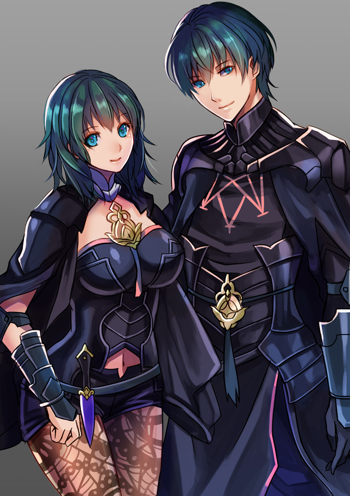 1boy, 1girl, armor, black_armor, black_shorts, blue_hair, breasts, female_byleth_(fire_emblem), male_byleth_(fire_emblem), cape, closed_mouth, dagger, detached_collar, fire_emblem, fire_emblem:_three_houses, grey_background, holding, knife, large_breasts, looking_at_viewer, nintendo, pantyhose, patterned_legwear, pinching, sheath, sheathed, short_hair, short_shorts, shorts, simple_background, smile, souyou26, vambraces, weapon, white_background