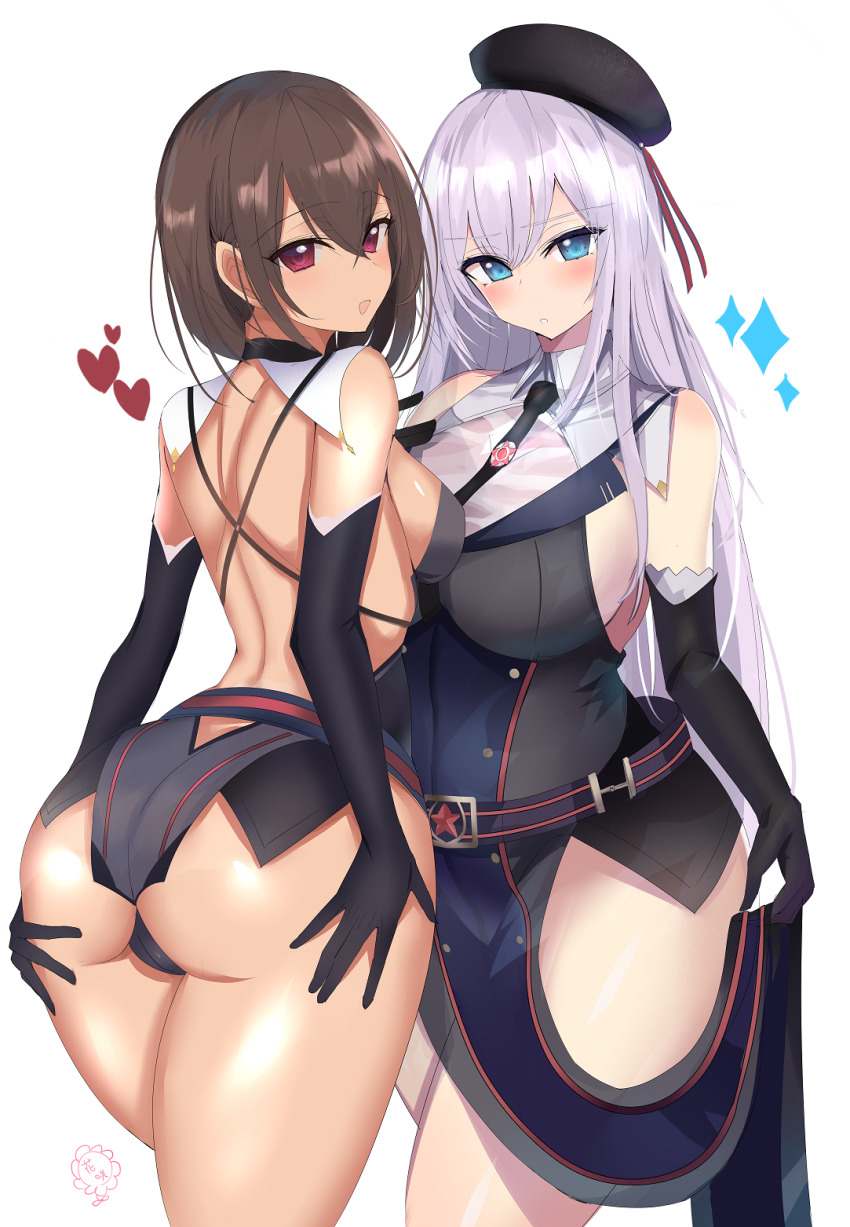 2girls, alexandra_(suzuame_yatsumi), alexandra_viktorovna_dashkova_(tukikagerou), ass, asymmetrical_docking, bare_shoulders, belt, beret
