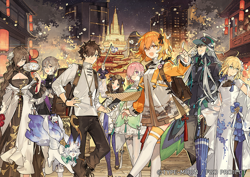 3boys, 5girls, ahoge, animal, artoria_pendragon_(fate), backpack, bag, black_hair, blue_eyes, braid, breasts, building, cleavage, dress, fate/grand_order, fate_(series), feet_out_of_frame, fujimaru_ritsuka_(female), fujimaru_ritsuka_(female)_(chinese_ver._4th_anniversary), fujimaru_ritsuka_(male), glasses, green_eyes, grey_hair, hair_between_eyes, hair_bun, hair_over_one_eye, hat, leonardo_da_vinci_(chinese_ver._4th_anniversary)_(fate), leonardo_da_vinci_(fate), leonardo_da_vinci_(fate/grand_order), leonardo_da_vinci_(rider)_(fate), long_hair, long_sleeves, looking_at_viewer, mash_kyrielight, medium_hair, multiple_boys, multiple_girls, night, open_mouth, orange_eyes, orange_hair, outdoors, pants, pink_hair, prince_of_lan_ling_(chinese_ver._4th_anniversary)_(fate), prince_of_lan_ling_(fate), saber_(fate), see-through_clothes, shi_huang_di_(chinese_ver._4th_anniversary)_(fate), shi_huang_di_(fate), short_sleeves, side_ponytail, single_hair_bun, smile, standing, starshadowmagician, sunglasses, thighhighs, umbrella, white_hair, yu_mei-ren_(chinese_ver._4th_anniversary)_(fate), yu_mei-ren_(fate), zettai_ryouiki