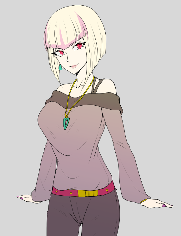 1girl, bare_shoulders, blonde_hair, breasts, earrings, grey_background, jewelry, looking_to_the_side