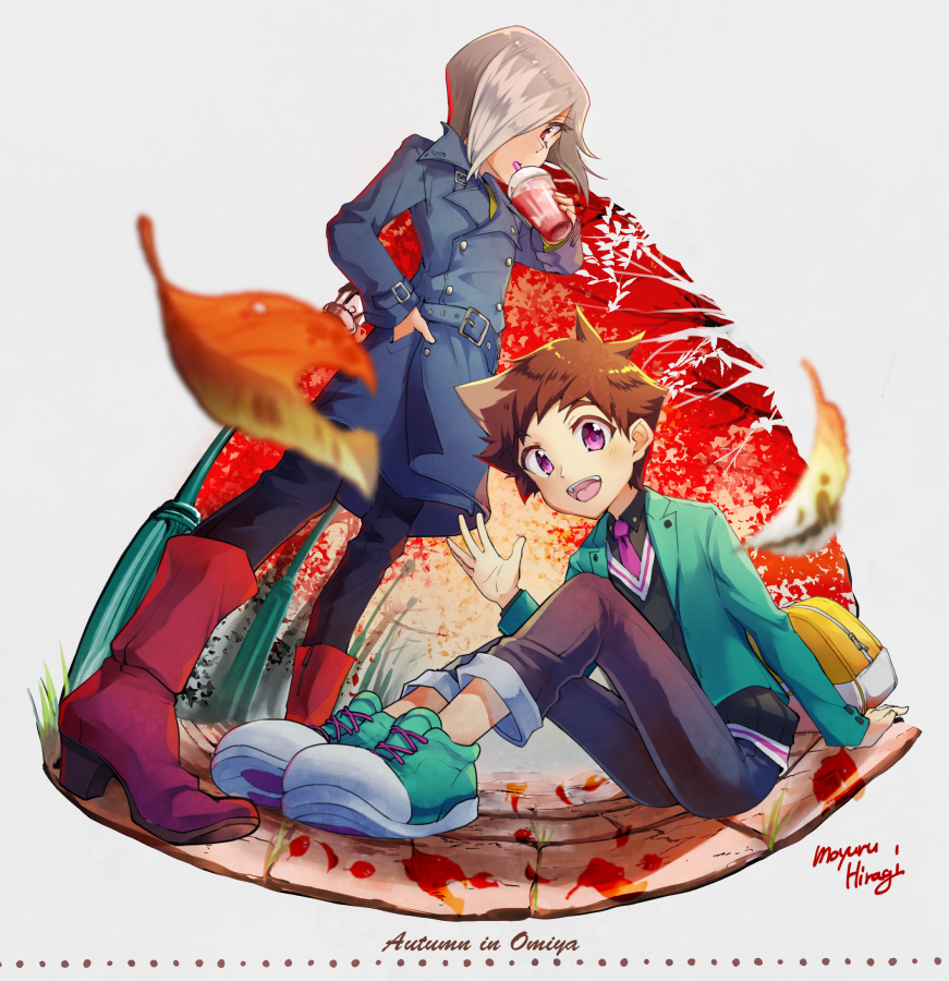 2boys, artist_name, autumn, autumn_leaves, brown_hair, drink, drinking, english_text