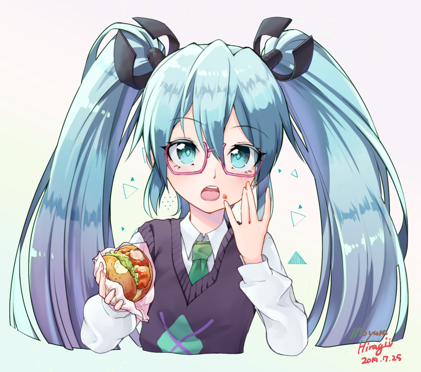 1girl, blue_eyes, blue_hair, burger, crumbs, eating, food, glasses