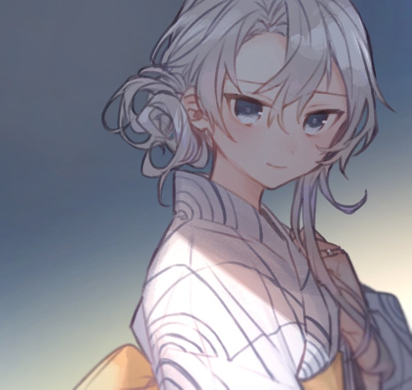 1girl, asymmetrical_hair, bad_id, bad_twitter_id, bikini, flipped_hair, gradient_background, grey_background