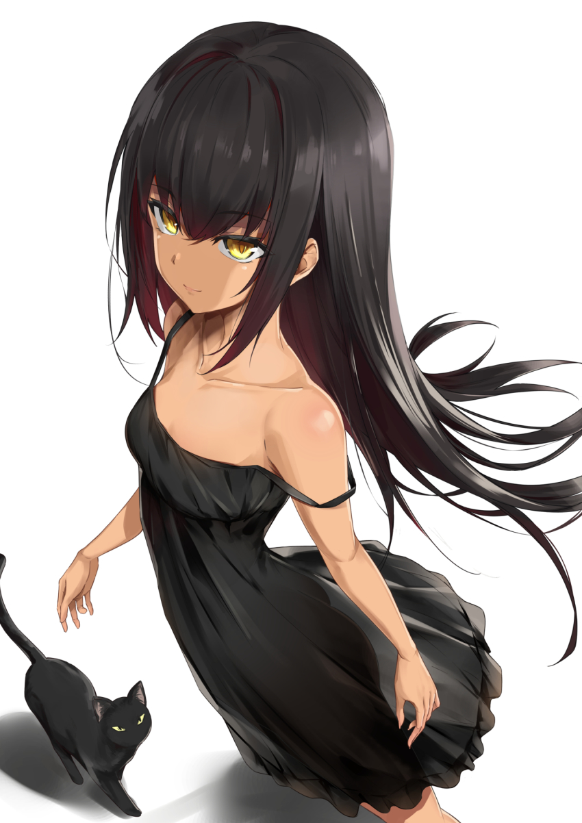 1girl, ass, bitterpain, black_dress, black_hair, breasts, cat, closed_mouth