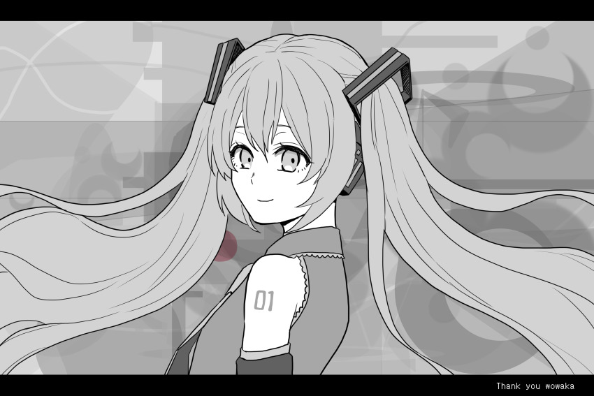 1girl, greyscale, hatsune_miku, headset, highres, letterboxed, long_hair, monochrome