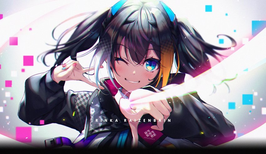 1girl, ;), aqua_nails, blue_eyes, blush, fukai_ryosuke, hair_between_eyes, hair_ornament