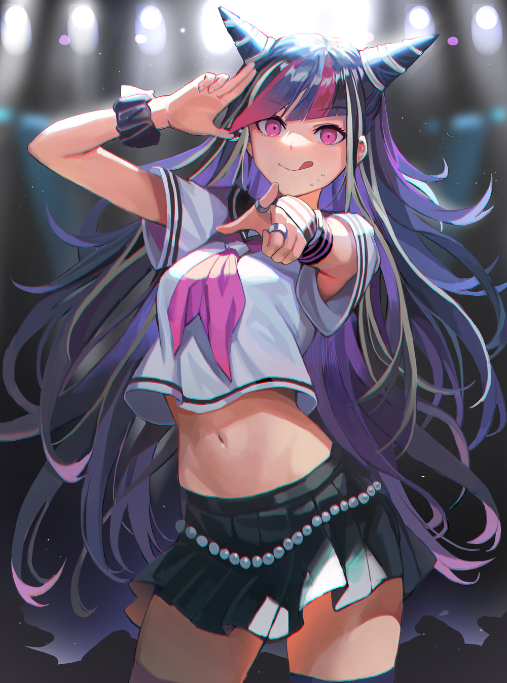1girl, :q, arm_up, armpit_peek, beads, black_hair, black_skirt, blurry, bokeh, breasts, chromatic_aberration, closed_mouth, cowboy_shot, crop_top, crop_top_overhang, danganronpa_(series), danganronpa_2:_goodbye_despair, depth_of_field, gradient_hair, hair_horns, highres, horns, jewelry, long_hair, looking_at_viewer, medium_breasts, midriff, miniskirt, mioda_ibuki, multicolored_hair, nail_polish, navel, outstretched_arm, photoshop_(medium), piercing, pink_eyes, pleated_skirt, pointing, ring, sailor_collar, salute, school_uniform, scrunchie, serafuku, shirt, short_sleeves, skirt, sl86, smile, solo, standing, stomach, thighhighs, tongue, tongue_out, white_shirt, wide_sleeves, wrist_scrunchie, wristband, zettai_ryouiki