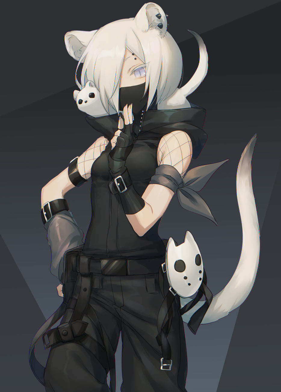 1girl, animal, animal_ears, arknights, asuda, bare_shoulders, black_gloves, black_pants