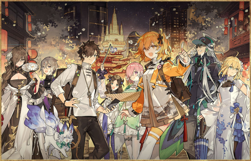 3boys, 5girls, ahoge, animal, artoria_pendragon_(fate), backpack, bag, black_hair