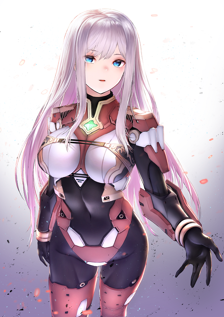 1girl, alexandra_(suzuame_yatsumi), alexandra_viktorovna_dashkova_(tukikagerou), armor, black_bodysuit, blue_eyes, blush, bodysuit, breasts, commission, covered_navel, hand_up, itaco, large_breasts, light_purple_hair, long_hair, looking_at_viewer, original, sidelocks, skeb_commission, skin_tight, solo