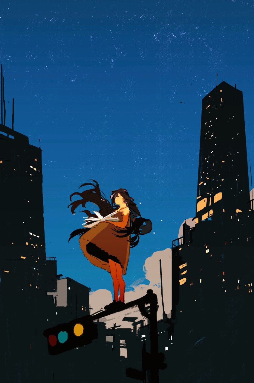 1girl, brown_dress, brown_hair, cityscape, dress, full_body, highres, long_hair, night, on_pole, orange_pantyhose, original, pantyhose, redum4, shoes, sky, sneakers, solo, traffic_light, very_long_hair, wind, wind_lift