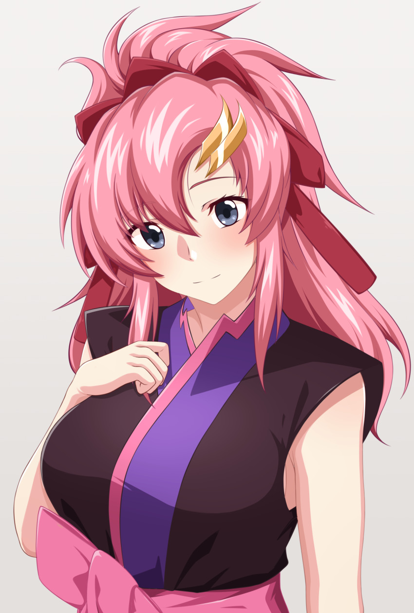 1girl, absurdres, blue_eyes, breasts, gundam, gundam_seed, gundam_seed_destiny, hair_ornament, hair_ribbon, hand_on_own_chest, highres, japanese_clothes, kimono, lacus_clyne, long_hair, looking_at_viewer, medium_breasts, pink_hair, ponytail, red_ribbon, ribbon, shachoo., simple_background, smile, solo, very_long_hair