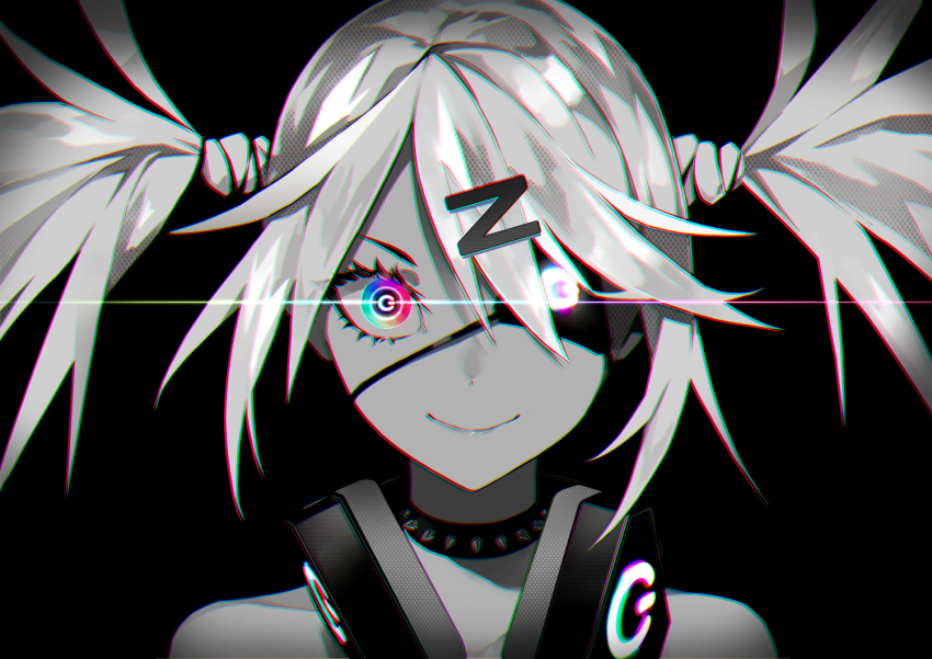 1girl, black_background, chromatic_aberration, closed_mouth, collar, collarbone, dive_to_zone, eyepatch