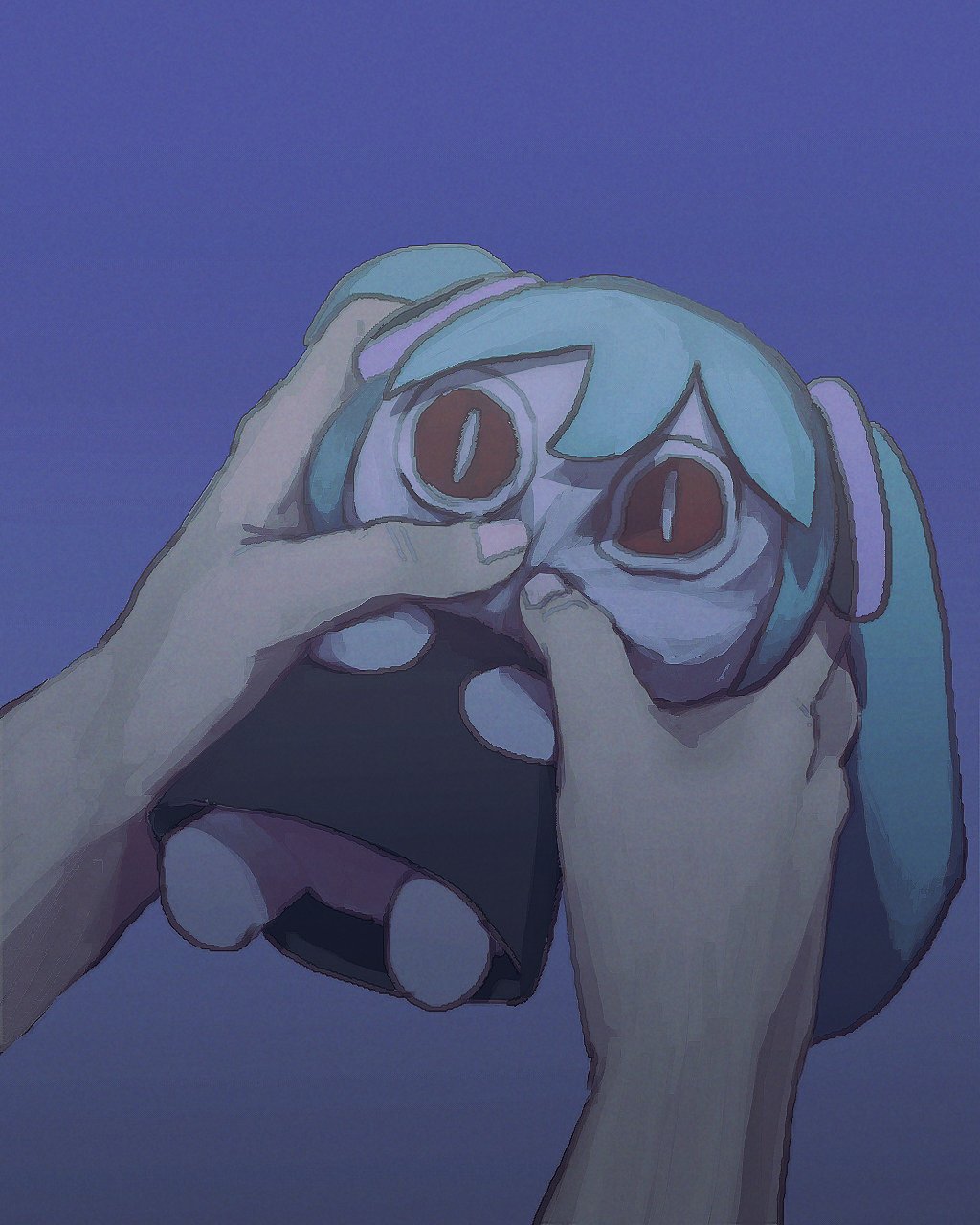 aimaina, aqua_hair, blue_background, blue_dress, character_doll, chibi, colored_skin, doll