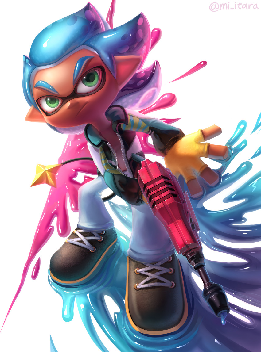 1boy, absurdres, artist_name, black_shoes, blue_hair, closed_mouth, commission, cross-laced_footwear