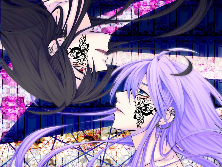 2boys, ahoge, alternate_color, black_hair, blue_eyes, dual_persona, earrings, haru_aki, jewelry, kamui_gakupo, long_hair, male_focus, multiple_boys, open_mouth, paranoid_doll_(vocaloid), purple_hair, red_eyes, tattoo, vocaloid