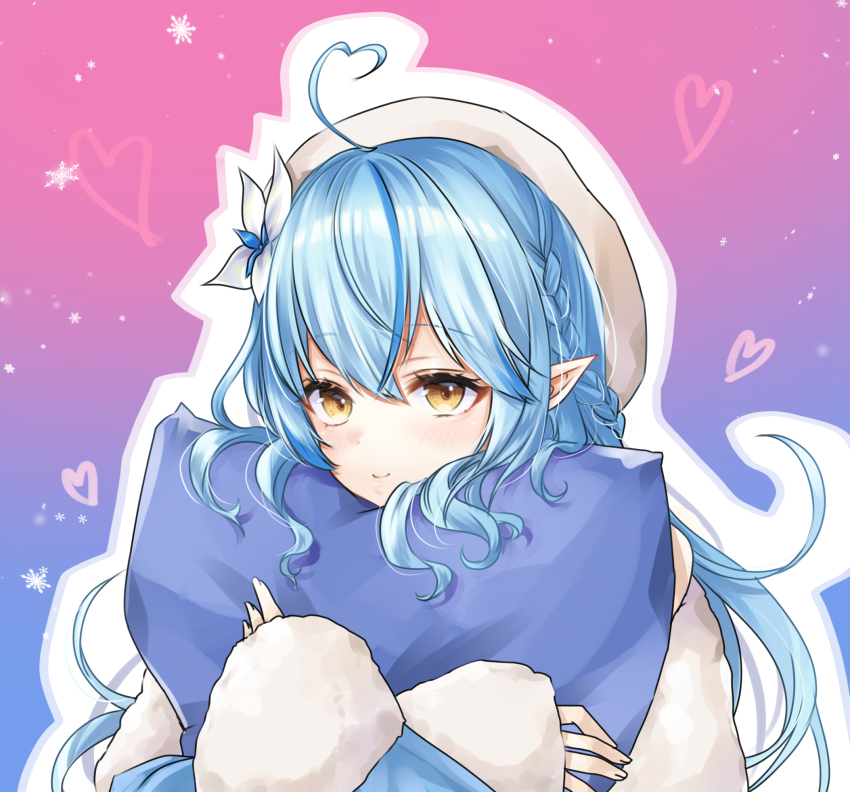 1girl, ahoge, beret, blue_background, blue_hair, blush, commentary_request, flower