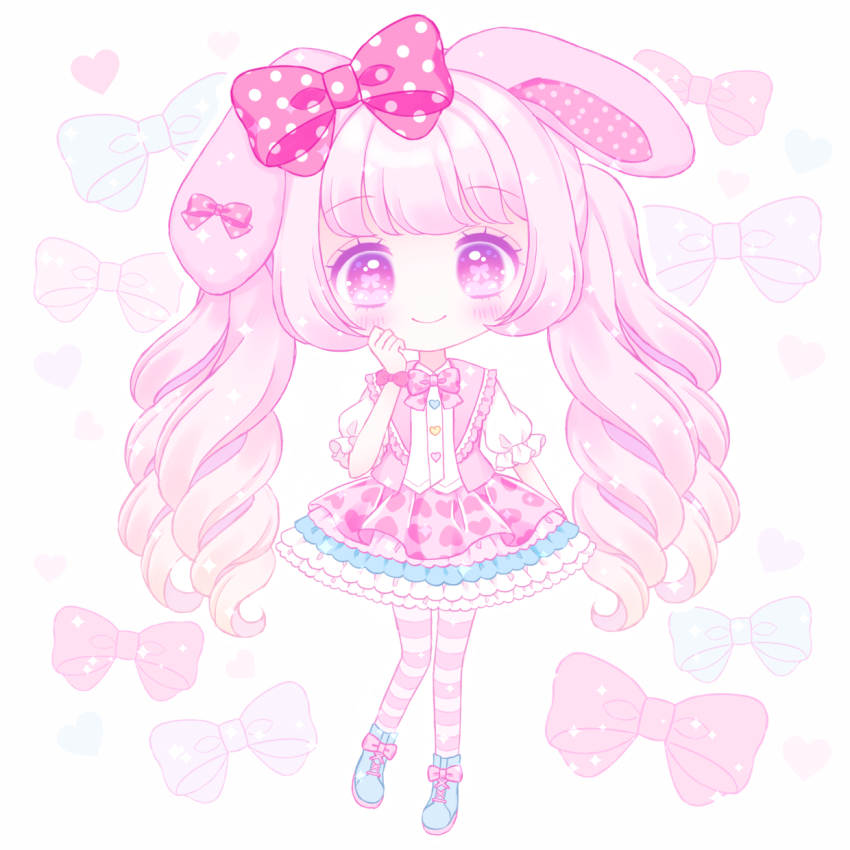 1girl, blue_boots, blush, bonbonribbon, boots, bow, closed_mouth, collared_shirt, commentary_request, dress_shirt, drill_hair, full_body, hair_bow, hand_up, heart, heart_print, highres, himetsuki_luna, long_hair, looking_at_viewer, pantyhose, personification, pink_hair, pink_skirt, pink_vest, pleated_skirt, polka_dot, polka_dot_bow, print_skirt, puffy_short_sleeves, puffy_sleeves, purple_eyes, red_bow, sanrio, shirt, short_sleeves, sidelocks, simple_background, skirt, smile, solo, striped_clothes, striped_pantyhose, symbol-shaped_pupils, twintails, unmoving_pattern, very_long_hair, vest, white_background, white_shirt, yume_kawaii