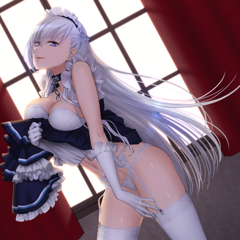 1girl, apron, azur_lane, belfast_(azur_lane), blue_eyes, blush, braid, breasts