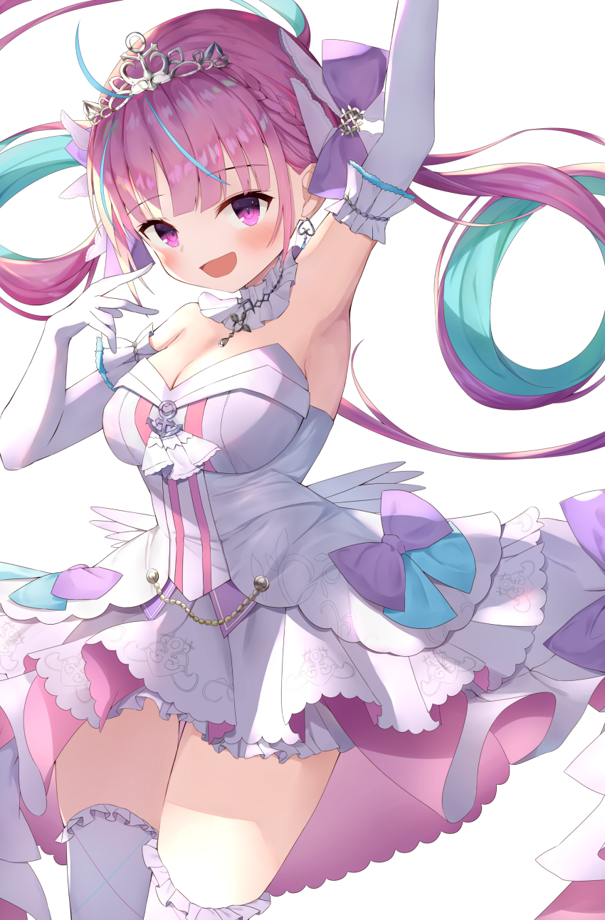 1girl, :d, absurdres, aqua_hair, arm_up, armpits, bare_shoulders, blunt_bangs