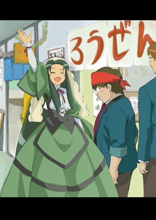 1girl, 2boys, cosplay, crossover, fang, heterochromia, long_hair, morisoban