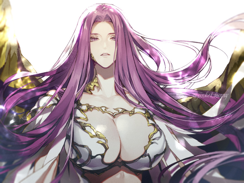 1girl, breasts, cleavage, collarbone, commentary, fate/grand_order, fate_(series), gorgon_(fate), gorgon_(third_ascension)_(fate), highres, huge_breasts, jinkei, long_hair, looking_at_viewer, medusa_(fate), medusa_(rider)_(fate), parted_lips, purple_eyes, purple_hair, rider, scales, simple_background, slit_pupils, solo, upper_body, very_long_hair, white_background, wings