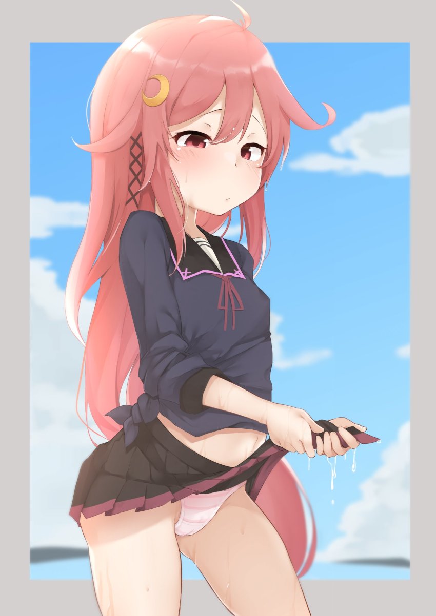 1girl, ahoge, black_sailor_collar, black_skirt, blue_shirt, blue_sky, cloud, contrapposto