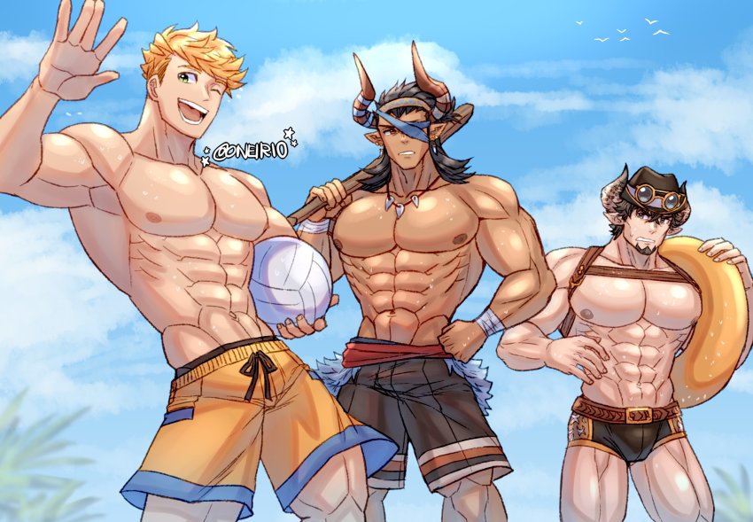 3boys, abs, alternate_costume, bad_id, bad_twitter_id, ball, bara, barawa