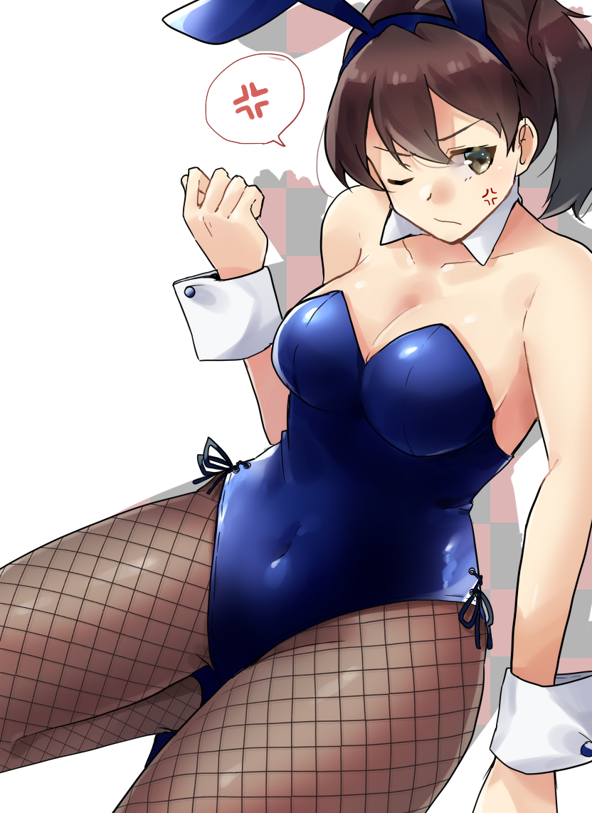 1girl, anger_vein, animal_ears, blue_leotard, breasts, brown_eyes, brown_hair, brown_pantyhose